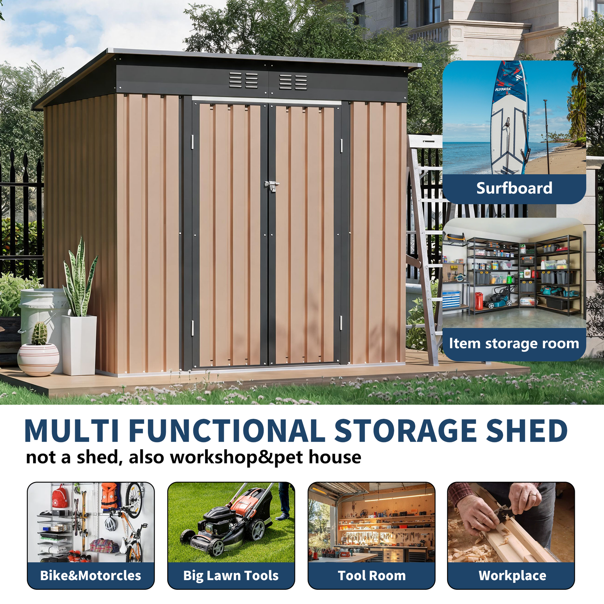6x4 FT Metal Garden Shed with Hinge Door Pent Roof,Brown Storage Shed for Patio Backyard image 5
