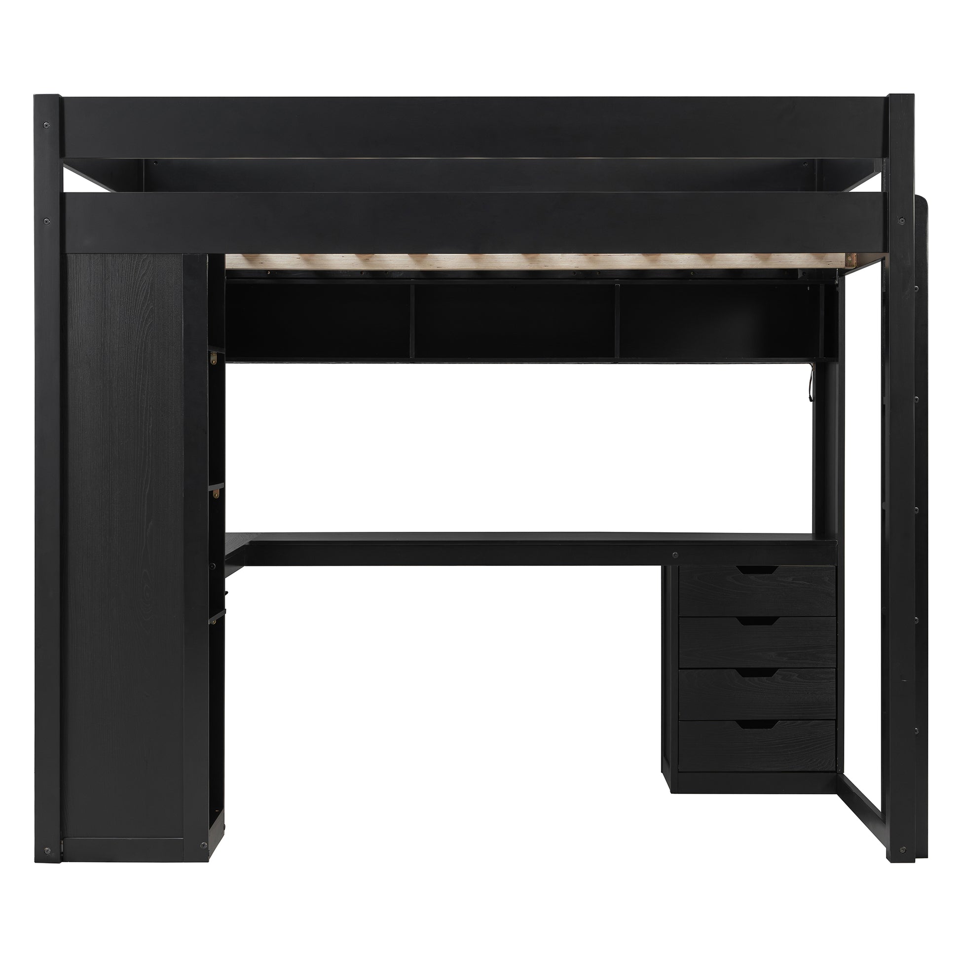 Full Size Solid Wood Loft Bed with L-Shaped Desk and 4 Drawers, Ash Veneer High Loft Bed with Smart APP Control LED Light Strip, USB Charging Ports and 4-Tier Open Shelves, Black image 3