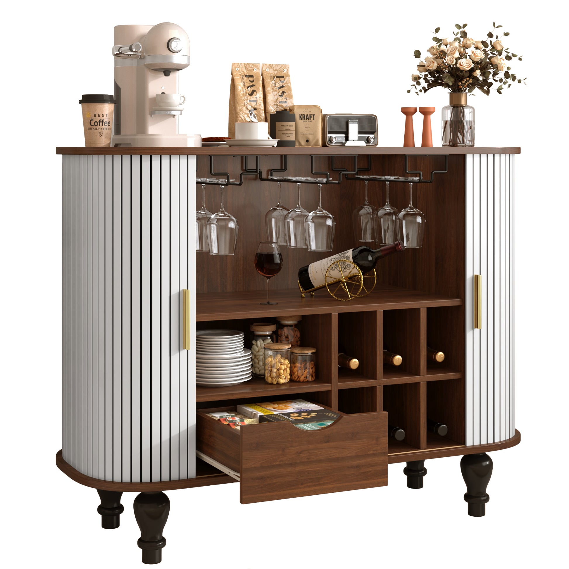 39" Fluted Liquor & Coffee Bar Cabinet with 6 Wine Racks and 3 Glass Holders, Mid-Century Modern Bar Cabinet with A Large Storage Drawer,4 Hidden Storage Space on the Side, White image 8