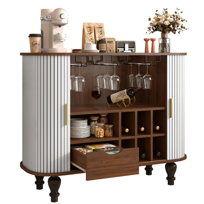 39" Fluted Liquor & Coffee Bar Cabinet with 6 Wine Racks and 3 Glass Holders, Mid-Century Modern Bar Cabinet with A Large Storage Drawer,4 Hidden Storage Space on the Side, White image 8