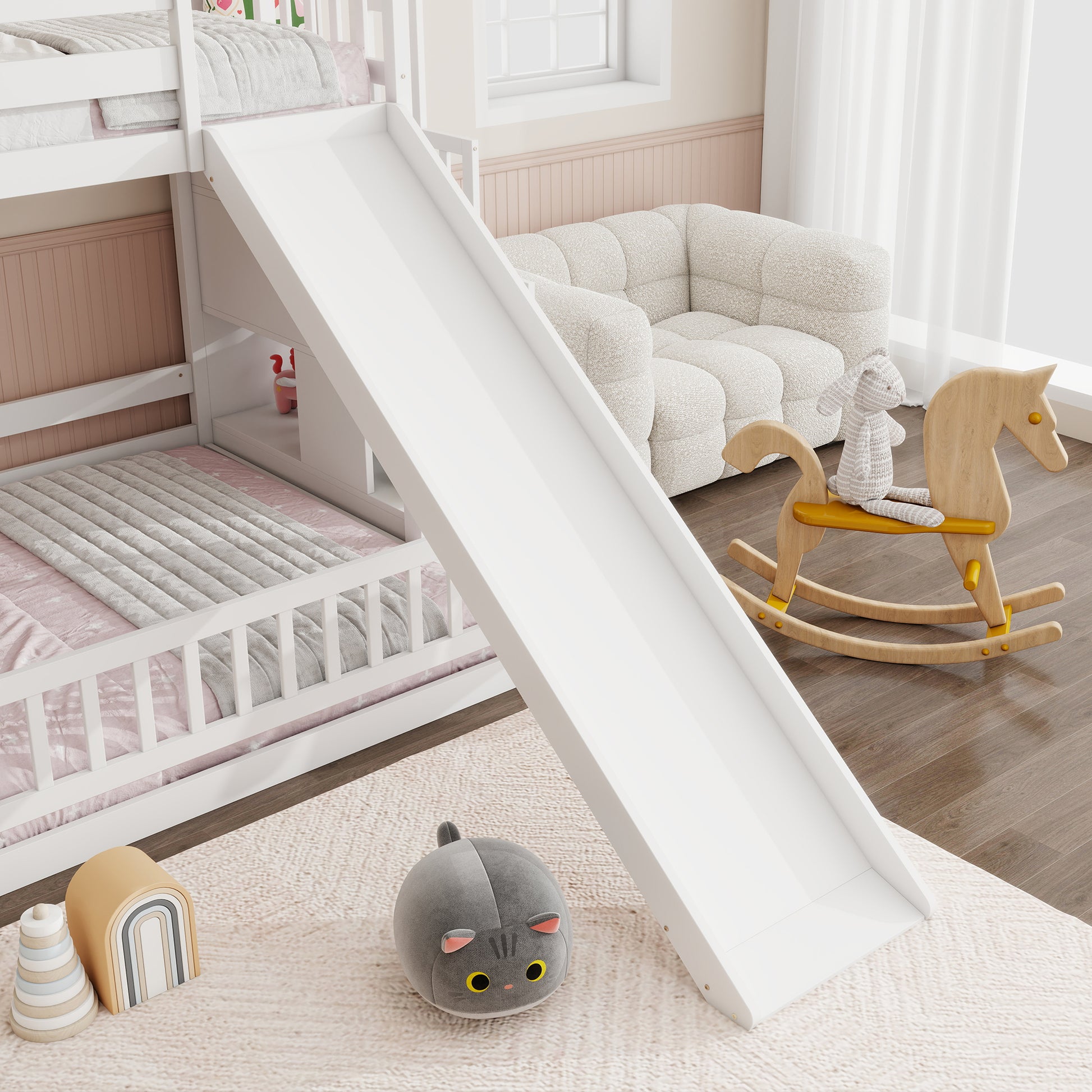 Twin Over Full Bunk Bed with Slide, Storage Staircase, Pine Solid Wooden Bunk Bed with Safety Guardrails,White (Old Sku W504S00185) image 8