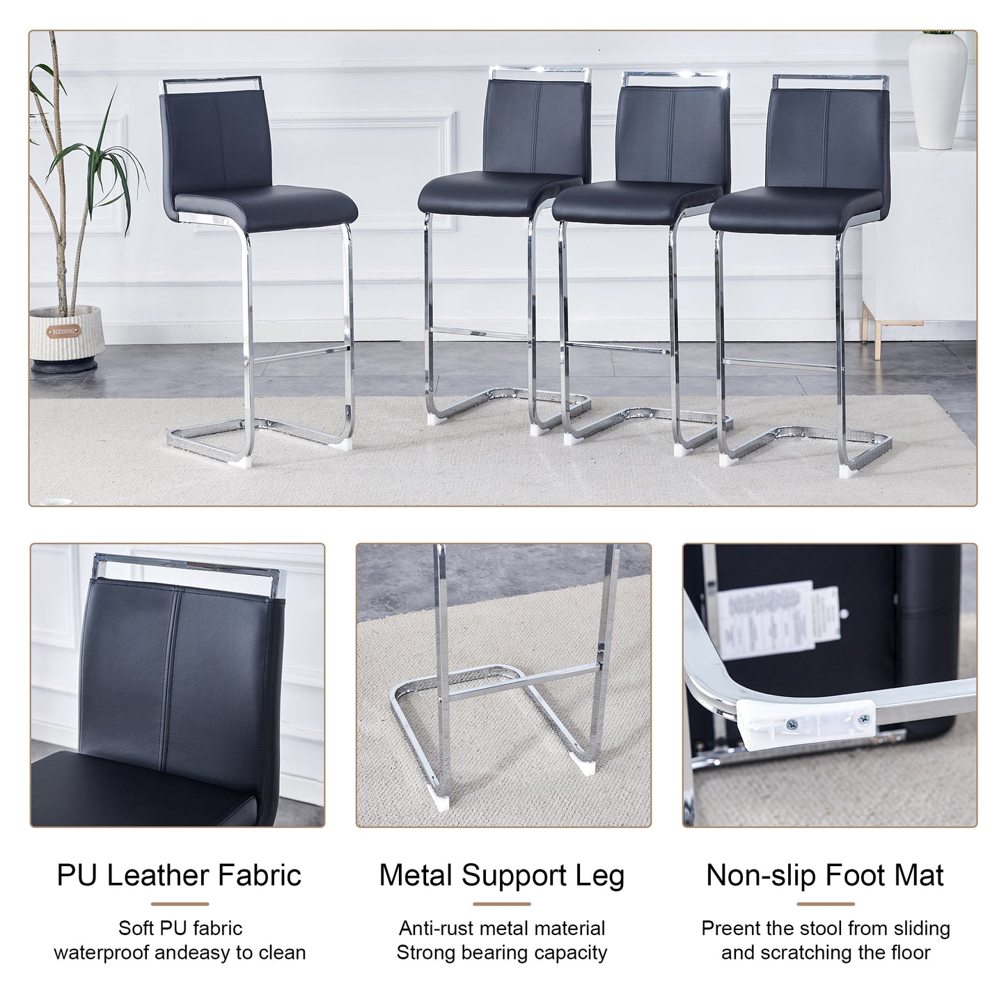 Modern and beautiful bar stool upholstered in PU leather with C-shaped silver metal legs for dining rooms, kitchens, terraces and guest office chairs.(set of 6) (black+PU) image 6