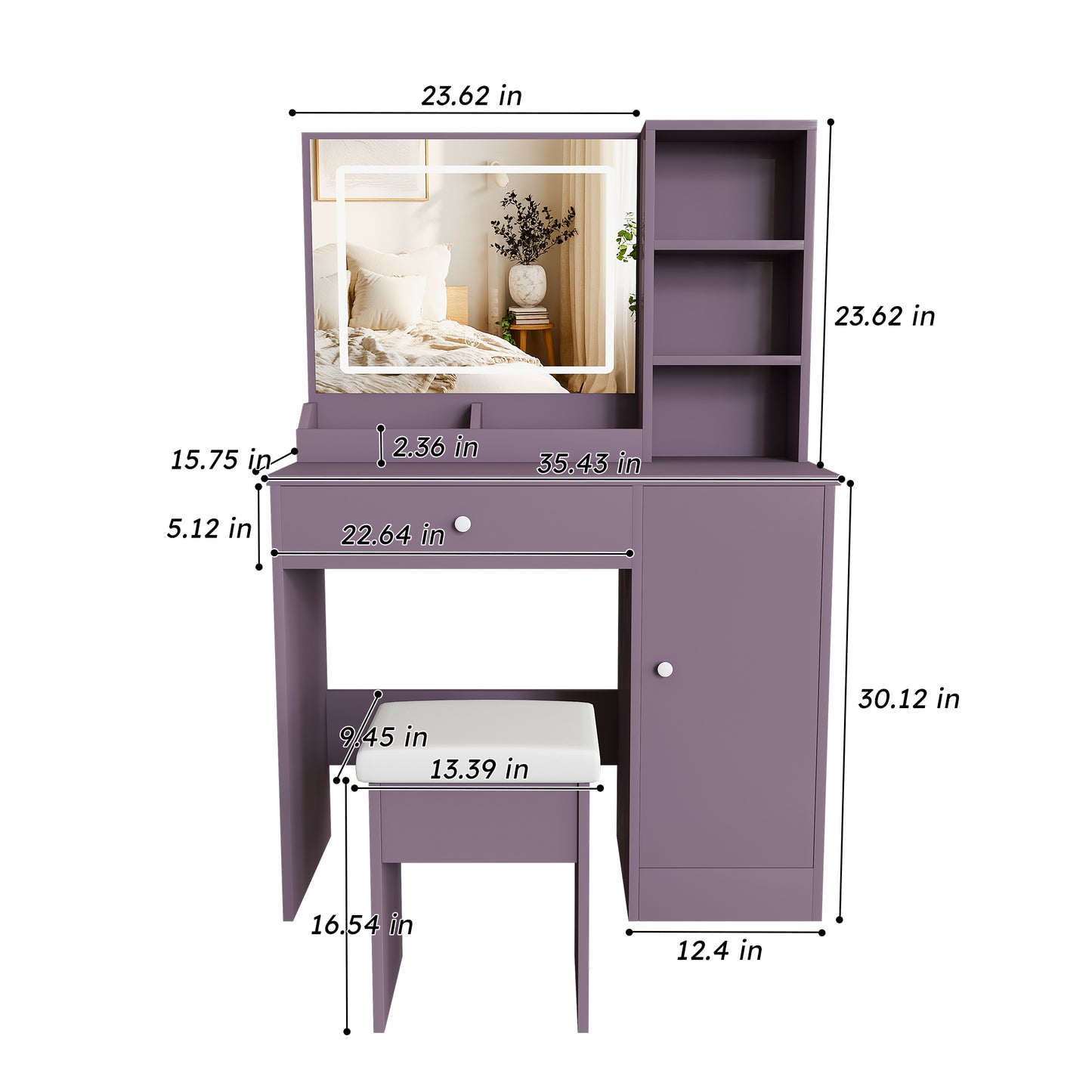 Stylish Vanity Desk Set with Padded Stool & Adjustable LED Lighted Mirror (3 Color Modes), Modern Bedroom Makeup Vanity Desk Combo, Purple image 3