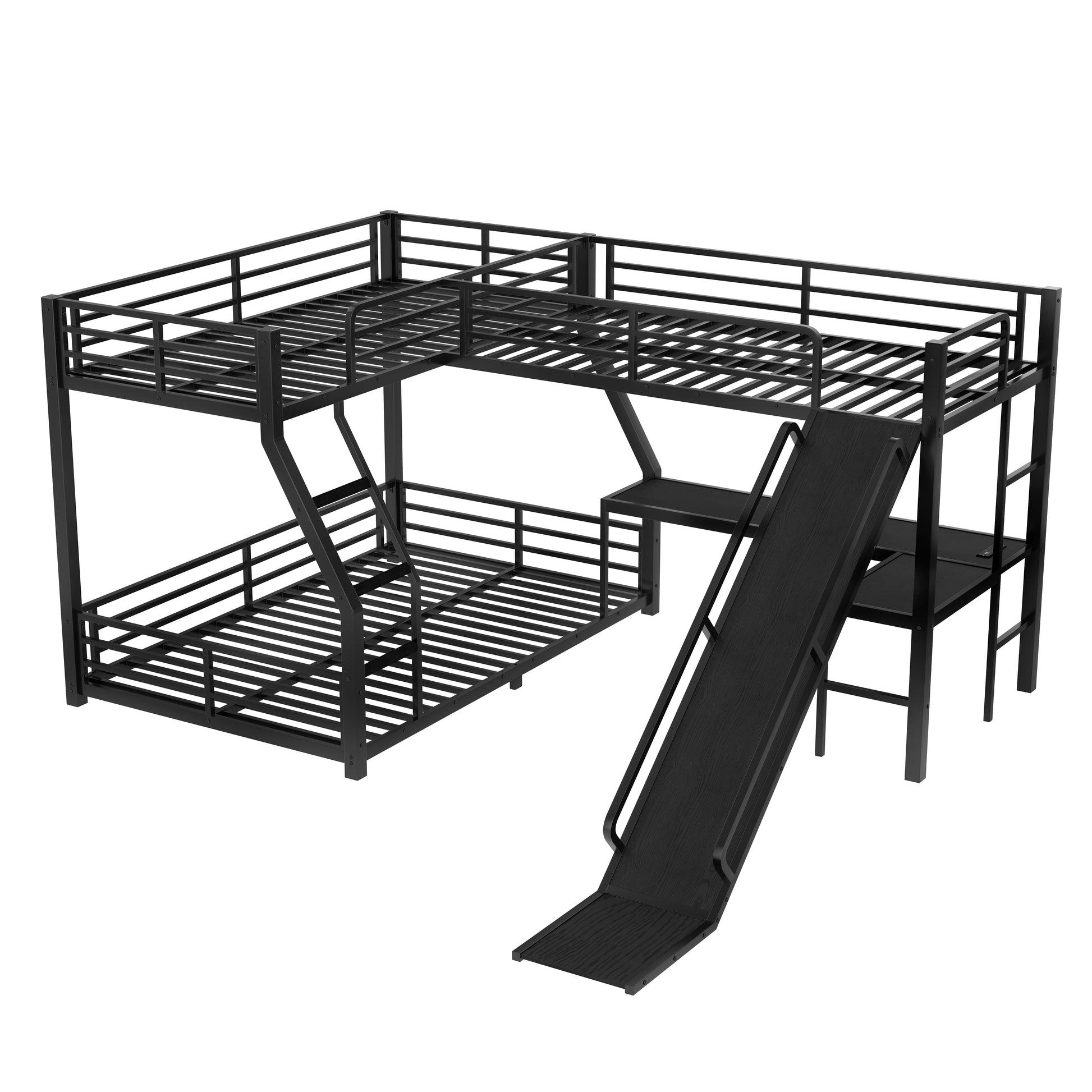 L-Shaped Twin over Full Bunk Bed with Twin Size Loft Bed, Metal Triple Bunk Bed with Slide and USB Ports, Space-saving and Noise-free Design, Black image 8