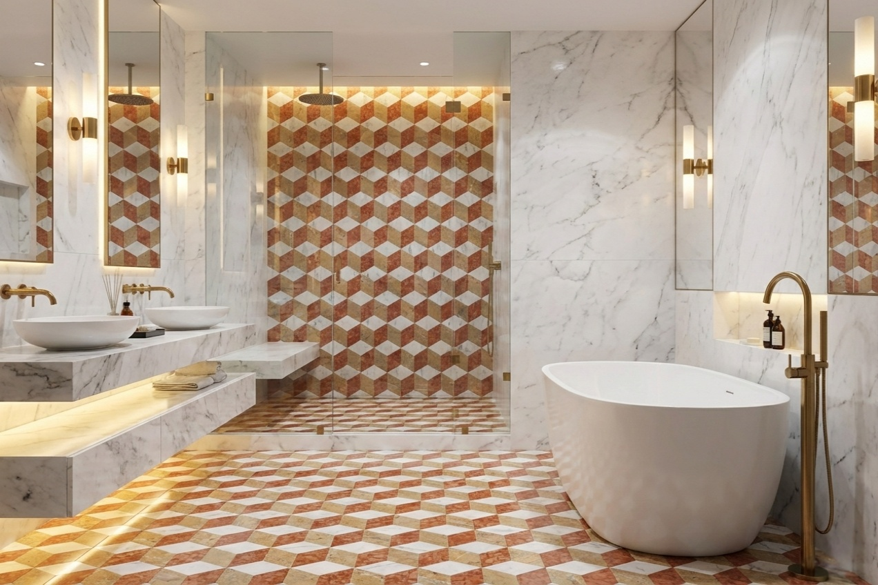 Hexagon Water-jet marble,White Gold Red 3 color, natural marble, for floor and wall,polished marble tile, natural stone, genuine marble, real marble, 1 box 12 pcs image 12