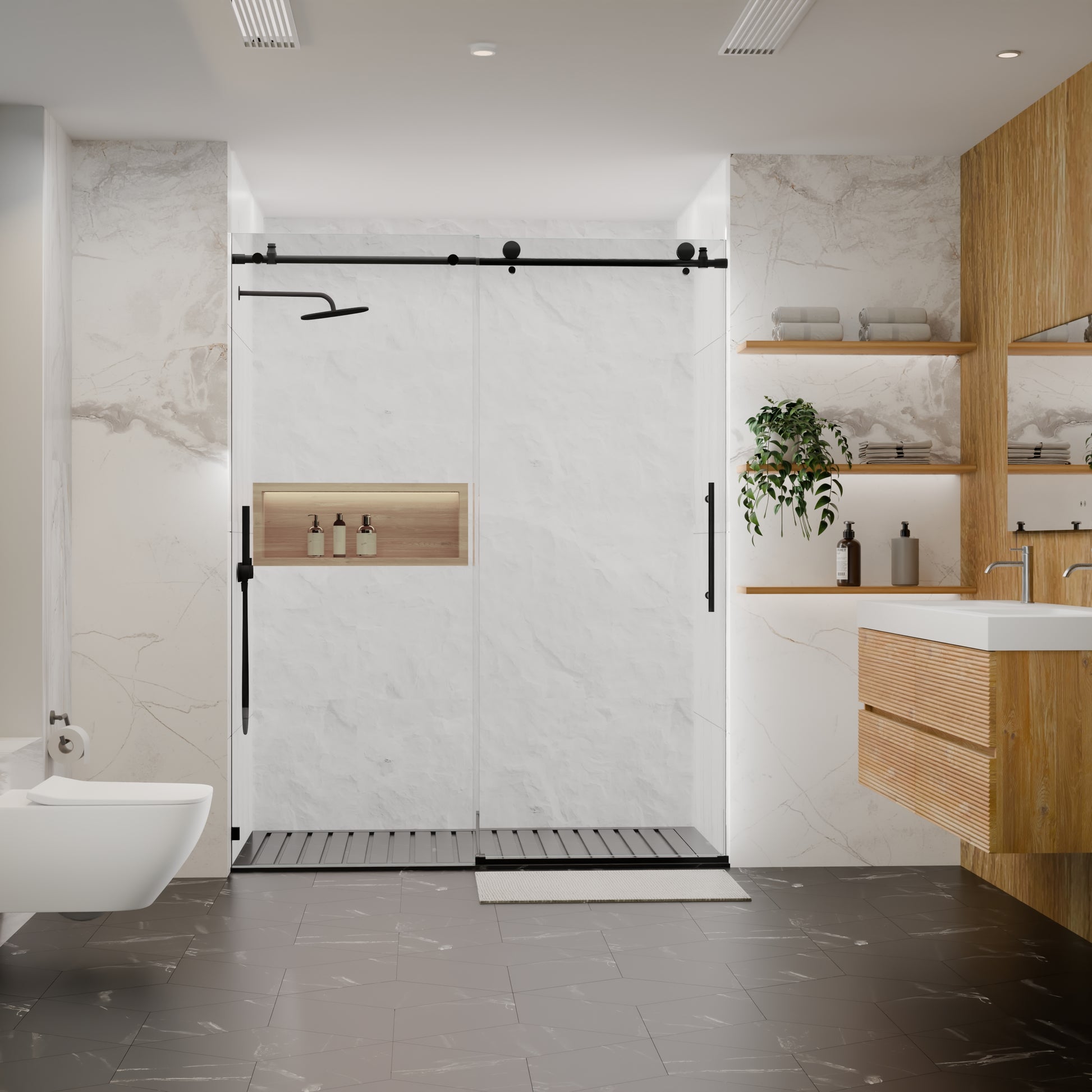 56-60"W x 76"H Frameless Shower Door, Sliding Shower Door, with Premium 5/16"(8mm)Thick Tempered Glass Shower Enclosure,Chrome Matte Black With Buffer, kd image 2