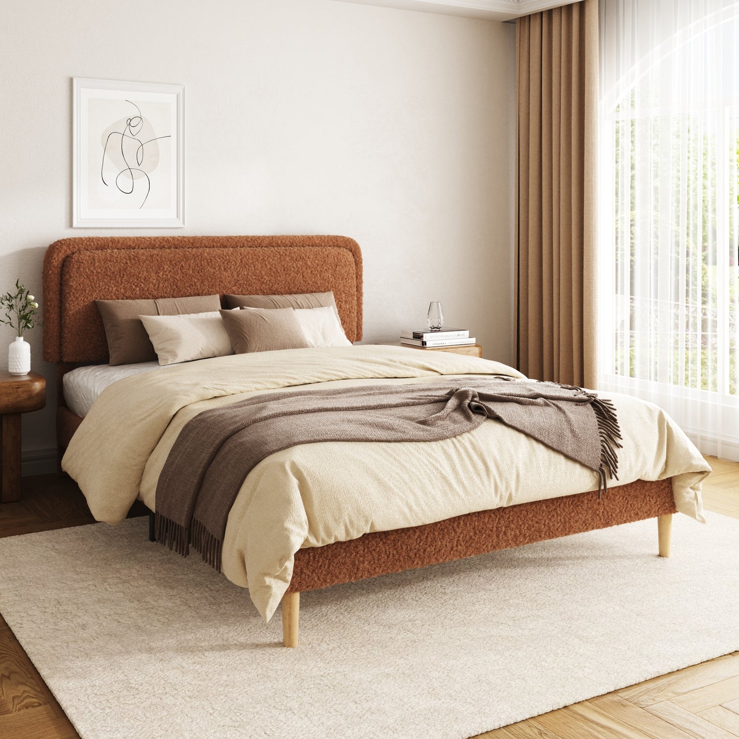 Queen Bed frame, Plush Upholstered Platform Bed with Height-Adjustable Headboard, Sturdy Frame and Alats, Quiet Design, No-Spring Mattress Compatible, Easy to Assemble, Brown image 3