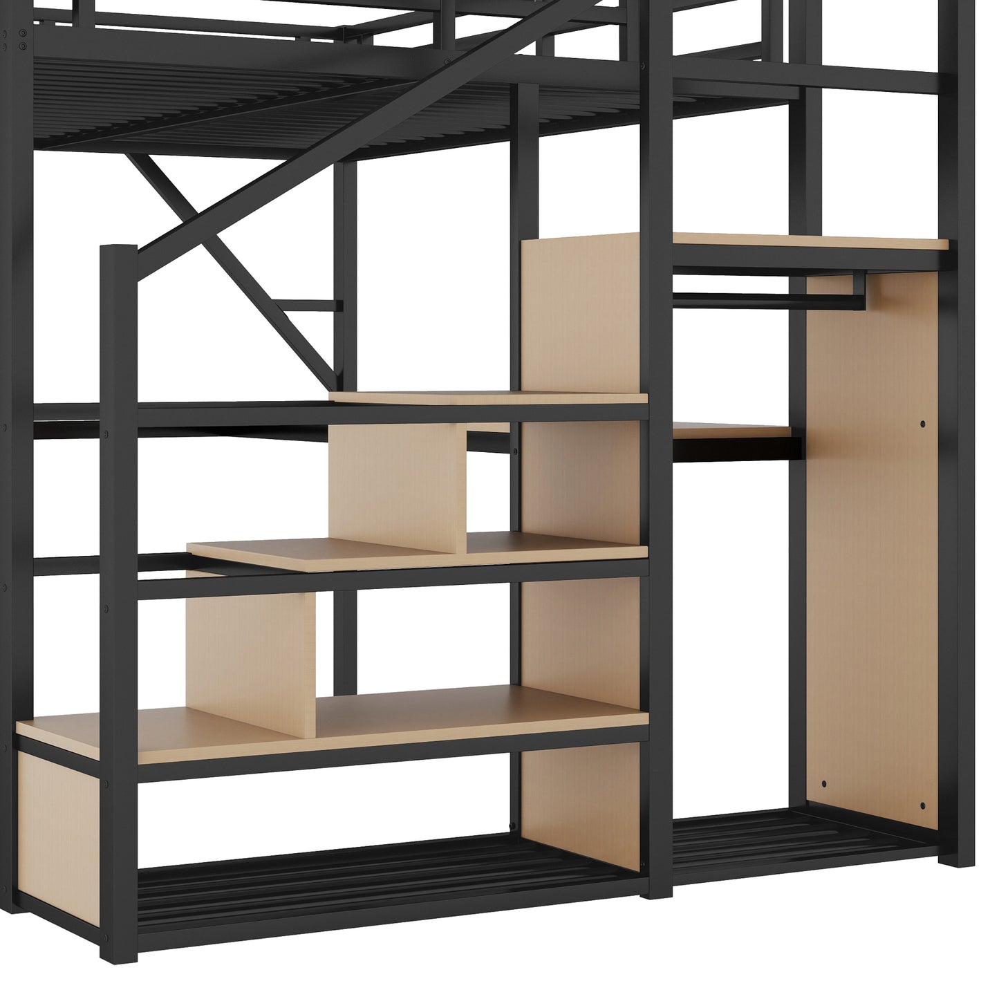 Queen Loft Bed with Desk and Charging Station, Queen Size Metal Loft Bed with Stairs and Light for Kids Teens, Black, Patent Products(OldSKU W2580S00044) image 12