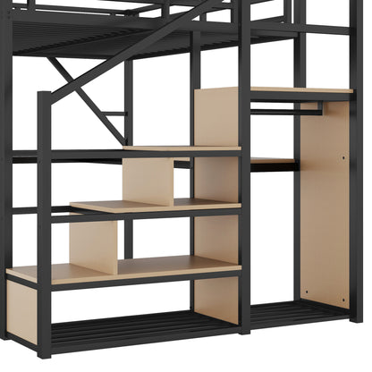 Queen Loft Bed with Desk and Charging Station, Queen Size Metal Loft Bed with Stairs and Light for Kids Teens, Black, Patent Products(OldSKU W2580S00044) image 12