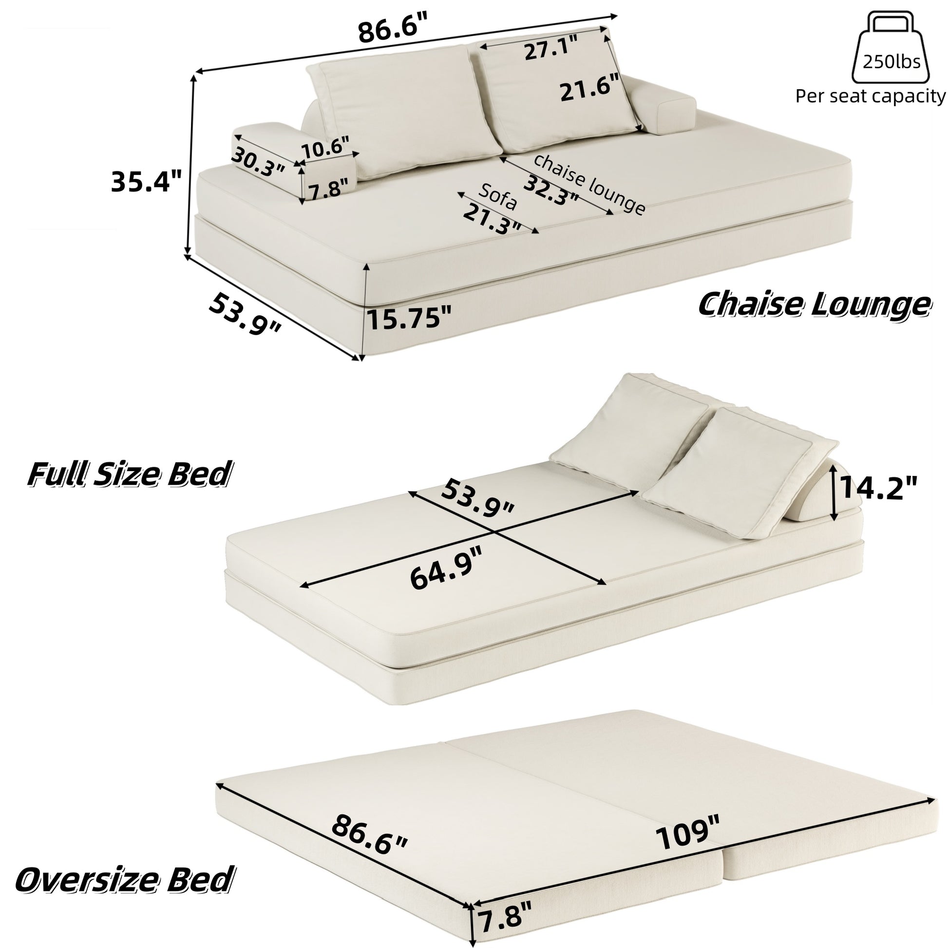 86.6"Multifunctional Convertible Sofa Bed w/ 2 Removable Backrests and 2 Pillows,Fluffy Chenille Fabric Sofa,Chaise Lounge,Game Pad,DIY Modern Upholstered Couch,Deep Seat Couch for Living Room,Office image 2