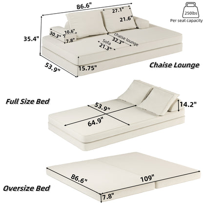 86.6"Multifunctional Convertible Sofa Bed w/ 2 Removable Backrests and 2 Pillows,Fluffy Chenille Fabric Sofa,Chaise Lounge,Game Pad,DIY Modern Upholstered Couch,Deep Seat Couch for Living Room,Office image 2