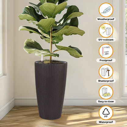 Set of 2 Faux Rattan Tall Planters Outdoor Indoor Large Planters with Water Level Monitor Inner Bucket, Automatic Watering, Flower Plant Pots for Garden, Patio, Porch, Backyard (Brown, 22 inch) image 7