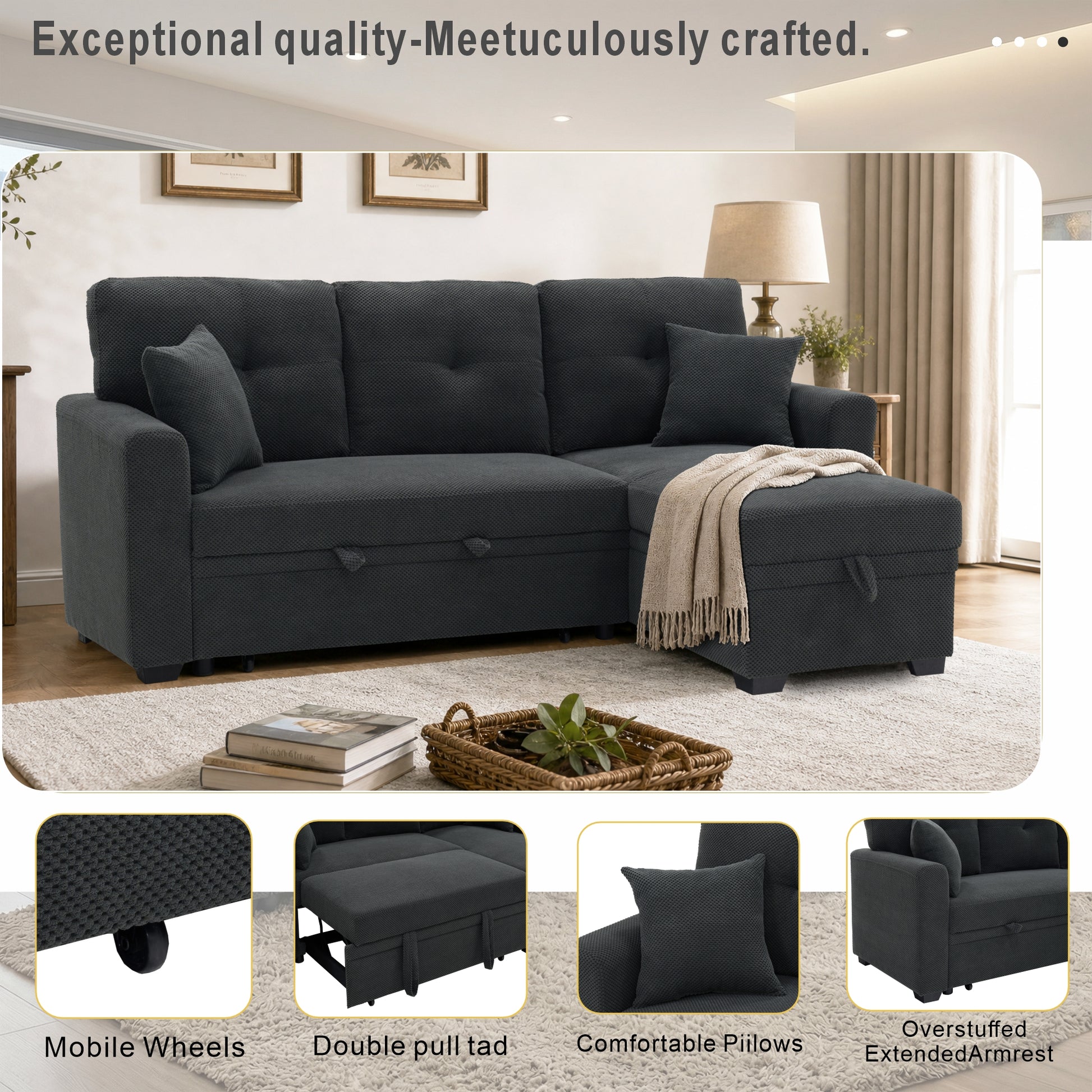 Sleeper Sofa, Sectional with Pull-Out Bed, Reversible Chaise, Storage Sectional, Dark Gray breathable fabric, Small Space Solution, Convertible Sofa Bed, Living Room Furniture, L-Shaped Sofa image 8
