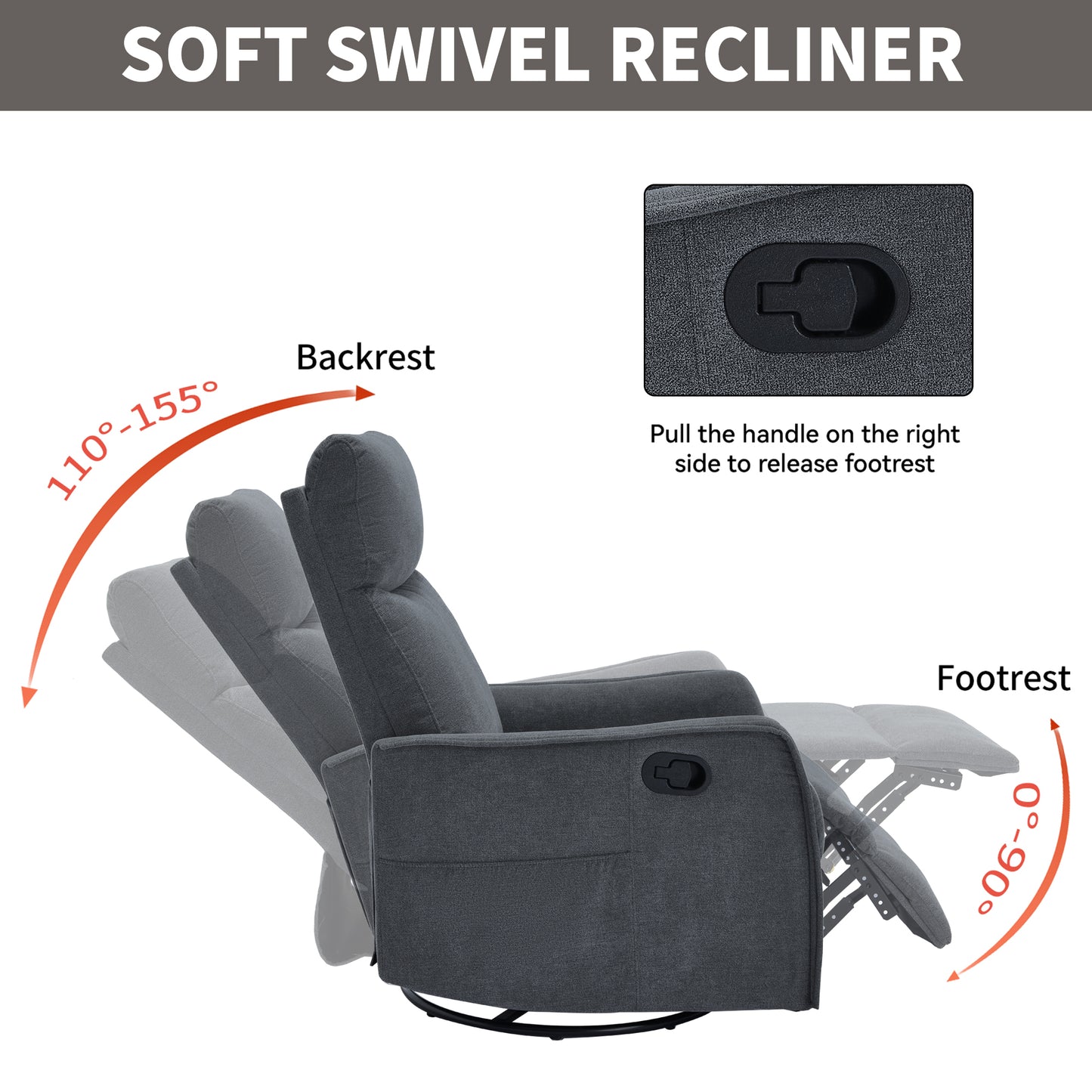 Heat Massage Manual Recliner Chair with Rocker and Swivel in Fabric for Living Room, Grey image 7