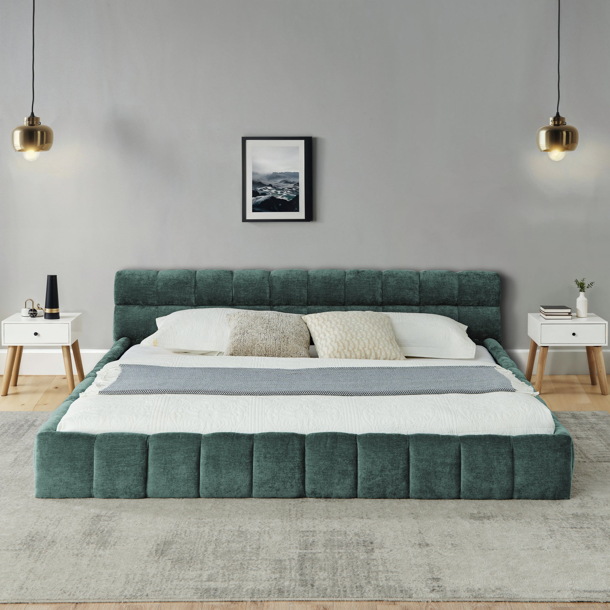 California King size Upholstered Bed Frame with Thick Fabric, Chenille Fabric Grounded California King Platform Bed with Headboard and Solid Frame. No Box Spring Needed-Blue Green-(90.5''*80.5''*31'') image 2