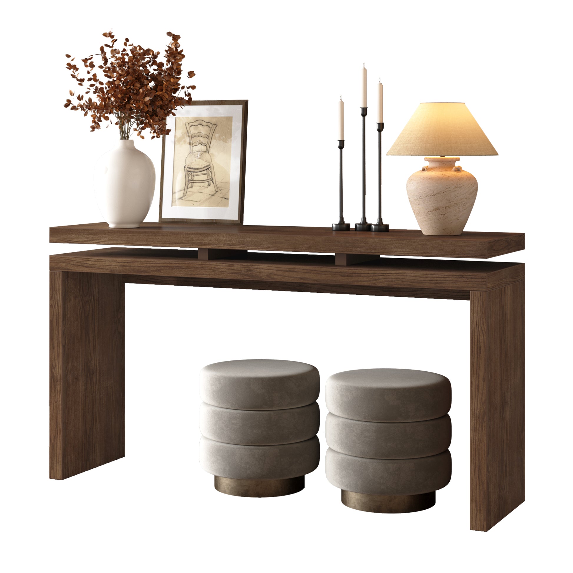 60'' Antique Brown Farmhouse Console Table - Retro Wooden Entryway Table with Double Board Suspension Design, Solid Wood & MDF, Sofa Table for Living Room image 8