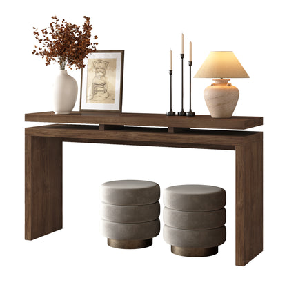 60'' Antique Brown Farmhouse Console Table - Retro Wooden Entryway Table with Double Board Suspension Design, Solid Wood & MDF, Sofa Table for Living Room image 8