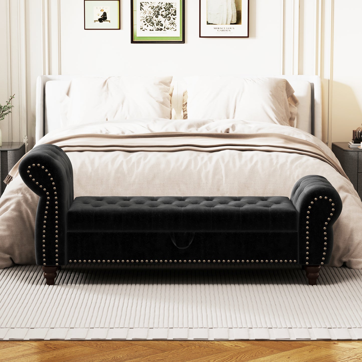 64.5" Bed Bench for Bed Room Nails Tufted Chaise of Lounge with Storage Velvet Upholstery Black image 3