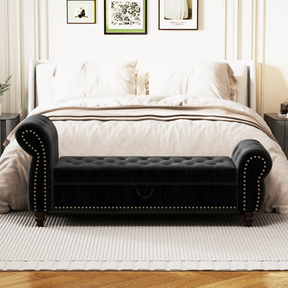 64.5" Bed Bench for Bed Room Nails Tufted Chaise of Lounge with Storage Velvet Upholstery Black image 3