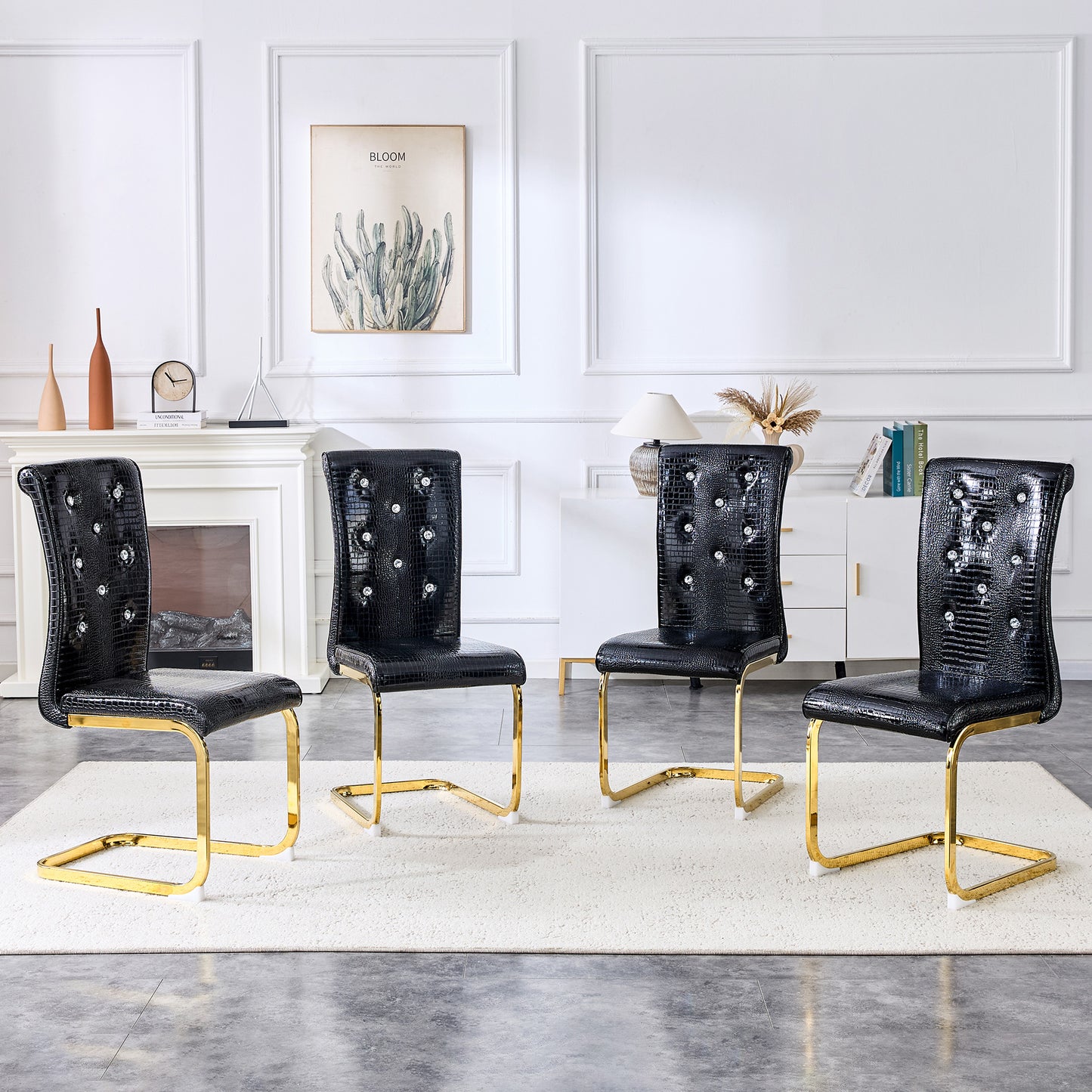 Set of 4,Retro alligator skin Upholstered dining chairs,with Crystal buckle design and Faux Leather design,a touch of elegance and mystery to the dining area,Gold plated metal bow leg image 2