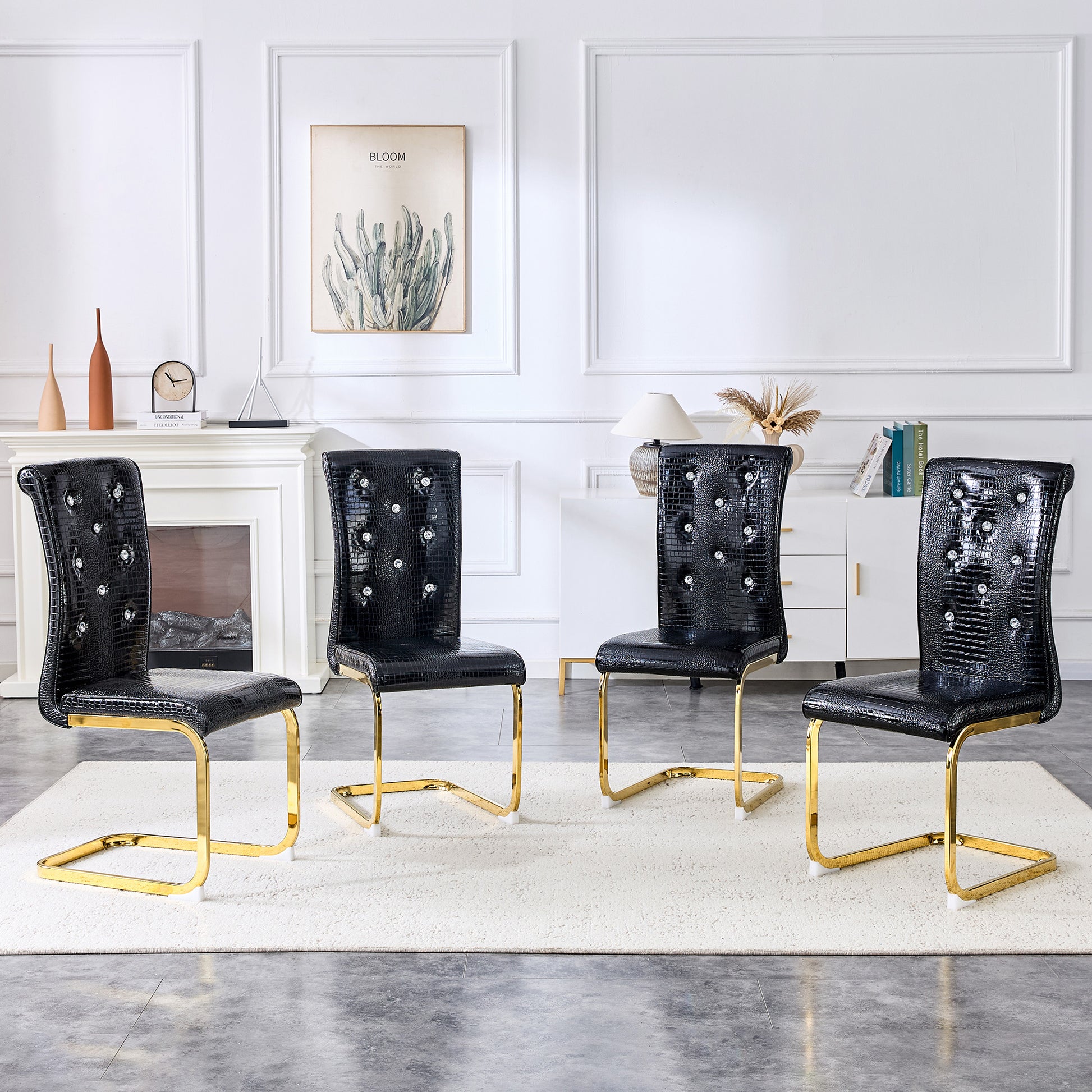 Set of 4,Retro alligator skin Upholstered dining chairs,with Crystal buckle design and Faux Leather design,a touch of elegance and mystery to the dining area,Gold plated metal bow leg image 2
