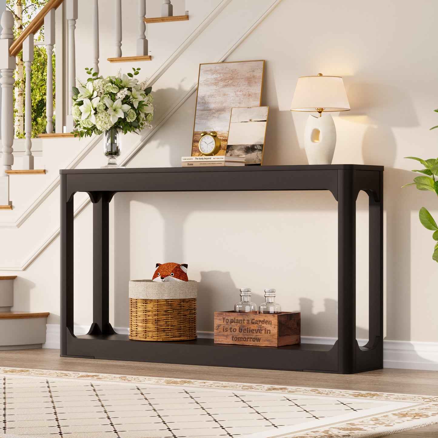 55.1-inch curved-leg storage table, ideal for entryways, slim wooden side table that can be placed behind a sofa, perfect for entryways, hallways, and doorways. Black, 55.1"L*11.8"W*31.1"H image 5