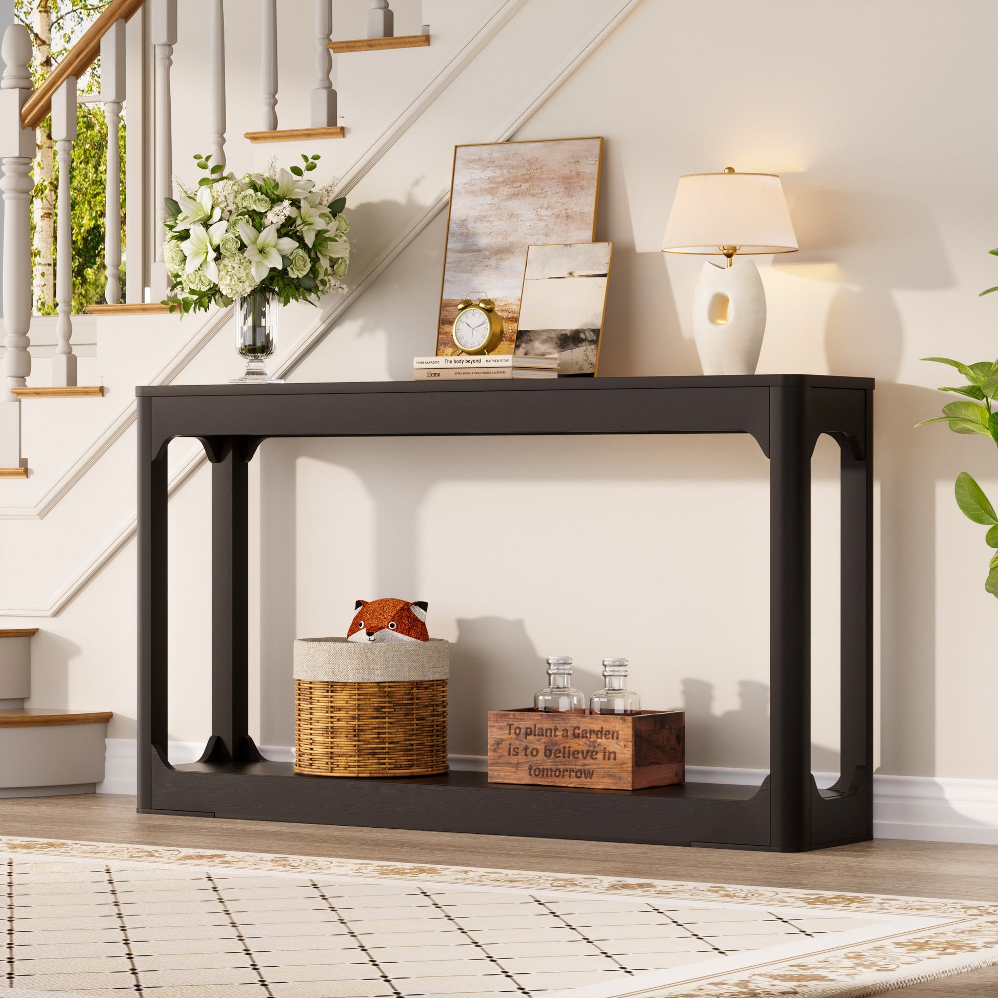 55.1-inch curved-leg storage table, ideal for entryways, slim wooden side table that can be placed behind a sofa, perfect for entryways, hallways, and doorways. Black, 55.1"L*11.8"W*31.1"H image 5