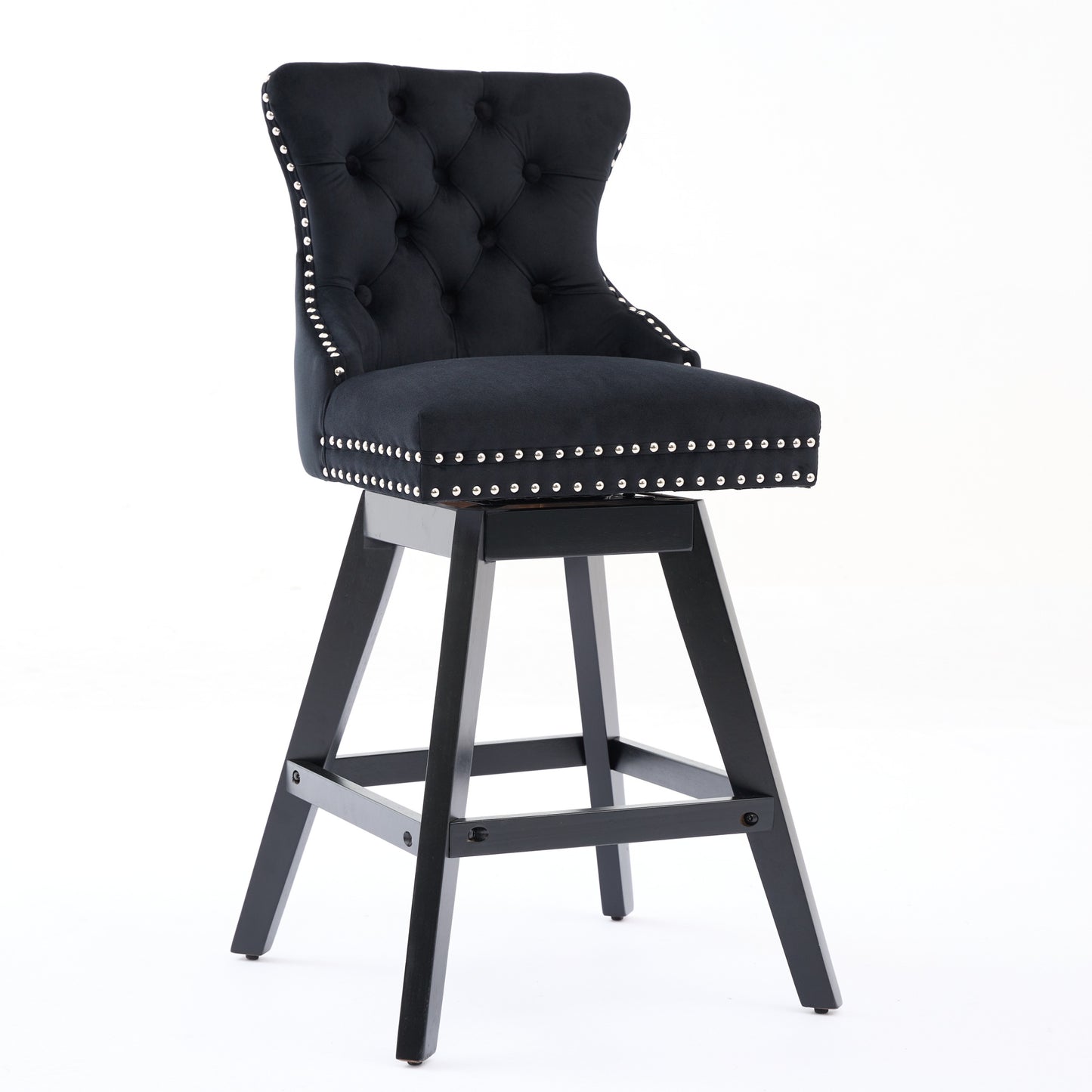 Swivel Velvet Barstools with Button Tufted Decoration and Wooden Legs, and Chrome Nailhead Trim, Leisure Style Bar Chairs,Bar stools, Set of 2 (Black),SW1860BK image 3