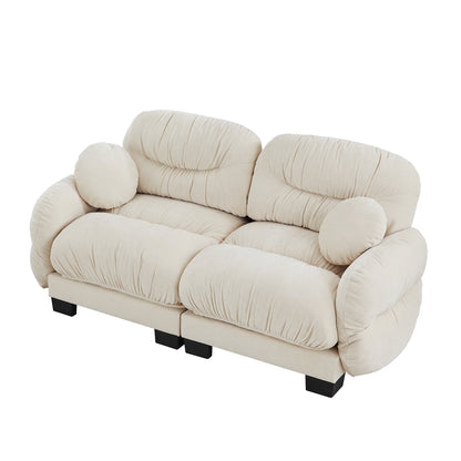 Pleated Design Cozy Chenille Fabric 2 Seater Modular Sofa with High-Density Ergonomic Foam Seat, Curved Round Armrests and 2 Round Throw Pillows,Beige image 5