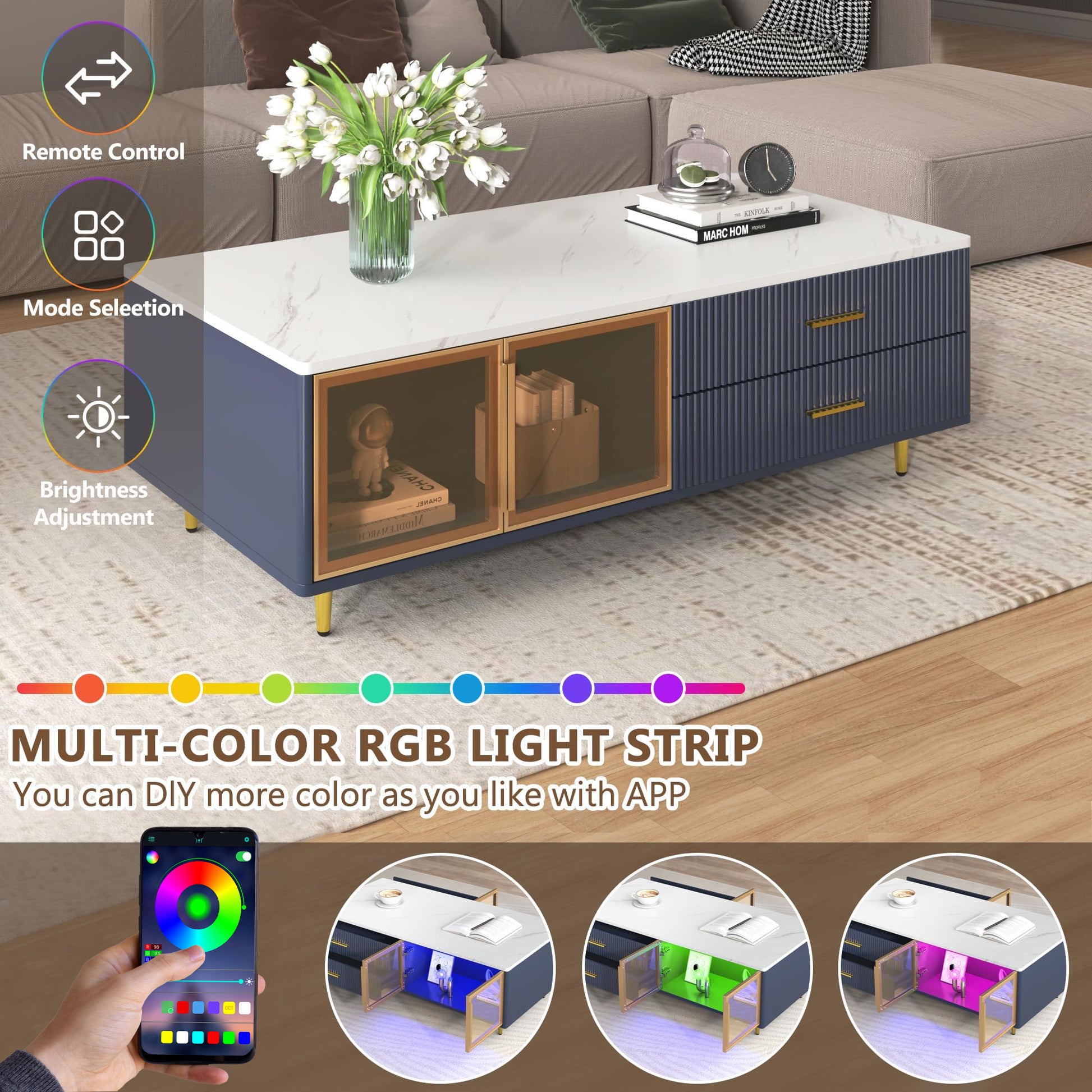 Modern Navy Blue Coffee Table with 2 Glass Door Storage, 4 Drawers, Gold Metal Legs, and Multi-Color Lighting in 47.2'' image 7