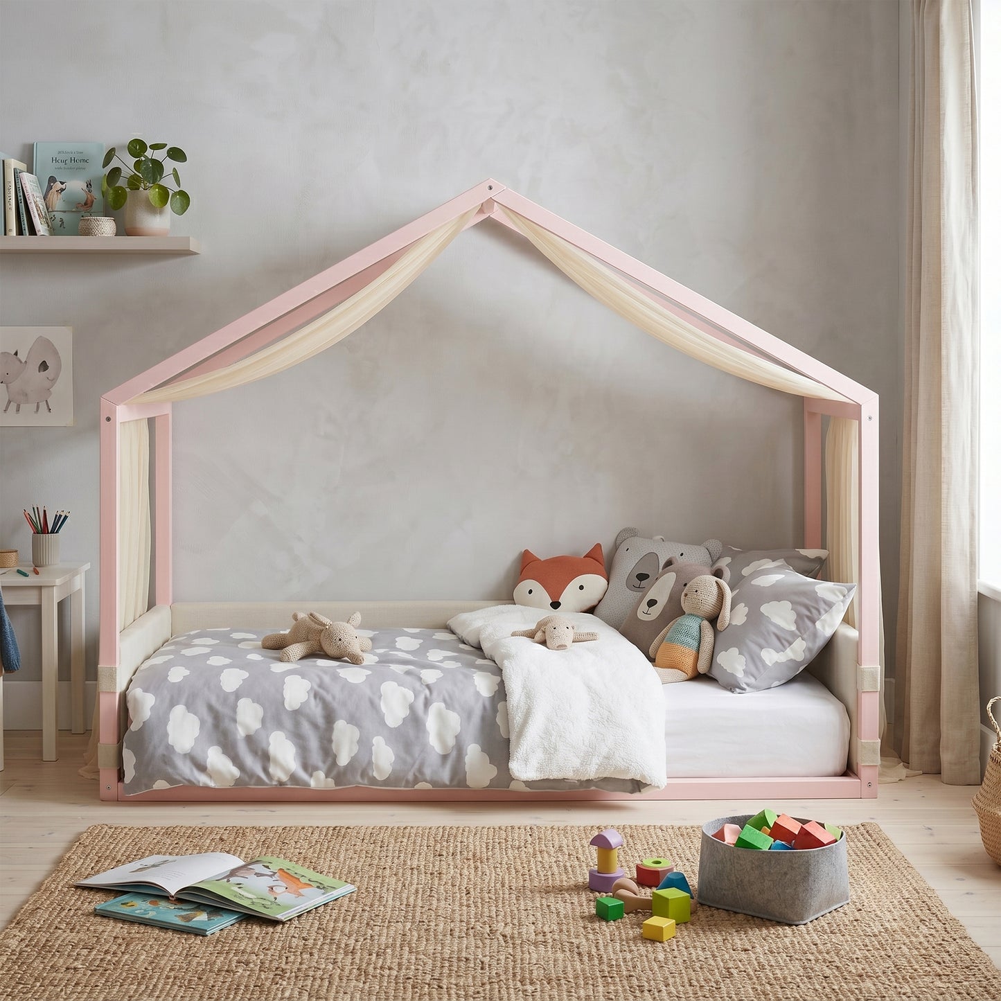 Twin Size Canopy Bed with Upholstered Velvet Side Panels, Breathable Gauze Canopy, Soft-Padded Platform Bed Frame, Easy Assembly Modern Bed for Bedroom, Guest Room-Pink image 4