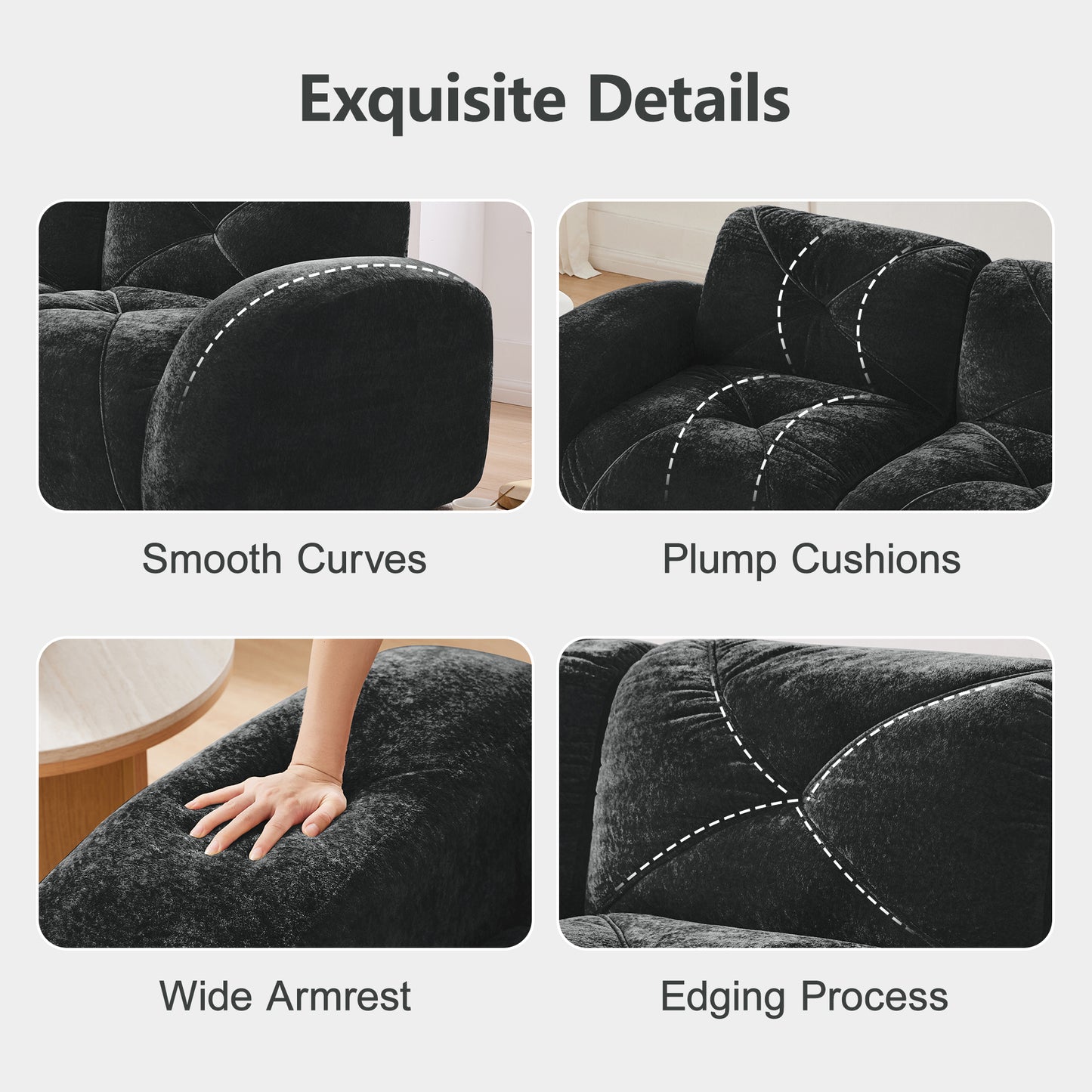 2-seater Tufted Sofa Couches With boneless Sofa,Soft Velvet Fabric,Bottom Anti-Slip Design,32D High Density Sponge,Ergonomic Design Bottom,No Assembly Required,Fits Living Rooms,Black image 6