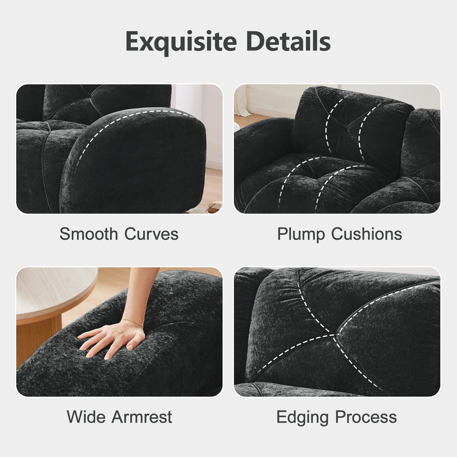 2-seater Tufted Sofa Couches With boneless Sofa,Soft Velvet Fabric,Bottom Anti-Slip Design,32D High Density Sponge,Ergonomic Design Bottom,No Assembly Required,Fits Living Rooms,Black image 6