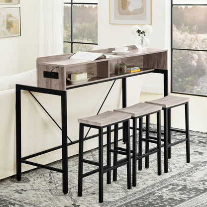 59 inch bar table, dining table, sofa table with power socket and LED light, 3 saddle stools, 4-piece bar table and chairs set for living room, dining room and kitchen image 1