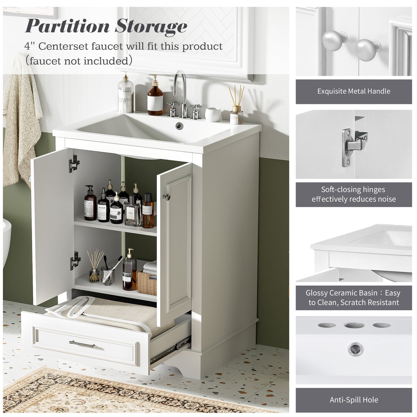 24'' Bathroom Vanity with Ceramic Sink Combo, Modern Freestanding Storage Cabinet with Silver Handles, Soft Closing Doors image 7