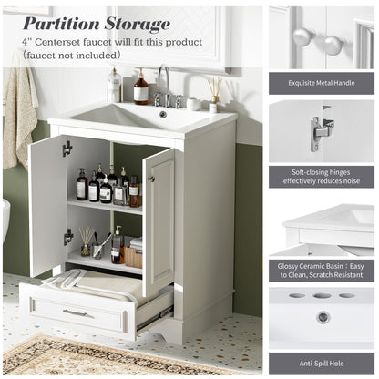 24'' Bathroom Vanity with Ceramic Sink Combo, Modern Freestanding Storage Cabinet with Silver Handles, Soft Closing Doors image 7