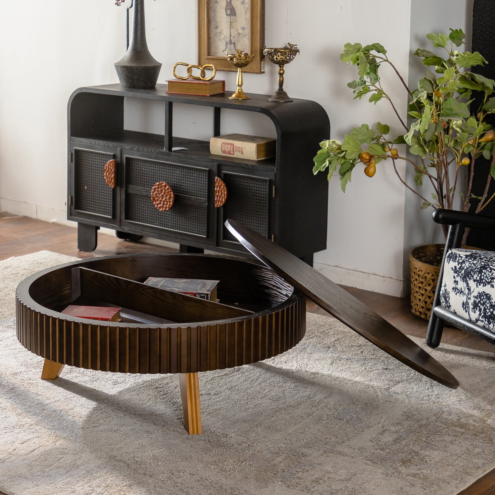 39.37" Retro Round Coffee Table with Storage Space, Suitable for Living Room and Office, Brown image 2
