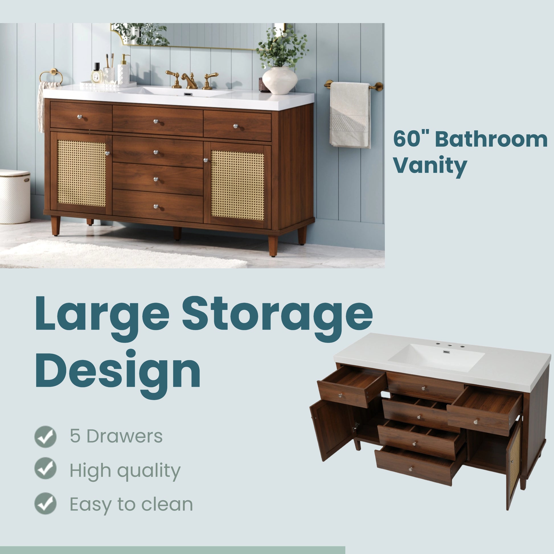 60" Bathroom Vanity with SMC Sink, Modern Large Storage Bathroom Storage Cabinet with Soft Close Drawers and Rattan Doors, Silver Metal Knobs and 5 Pine Legs, Brown image 9