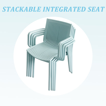 Summer - 4pcs Light Blue Stackable PP Armchair for Indoor/Outdoor Use – Ergonomic Slatted Back with 36 Inch Indoor/Outdoor Modern White Round PP Table image 9