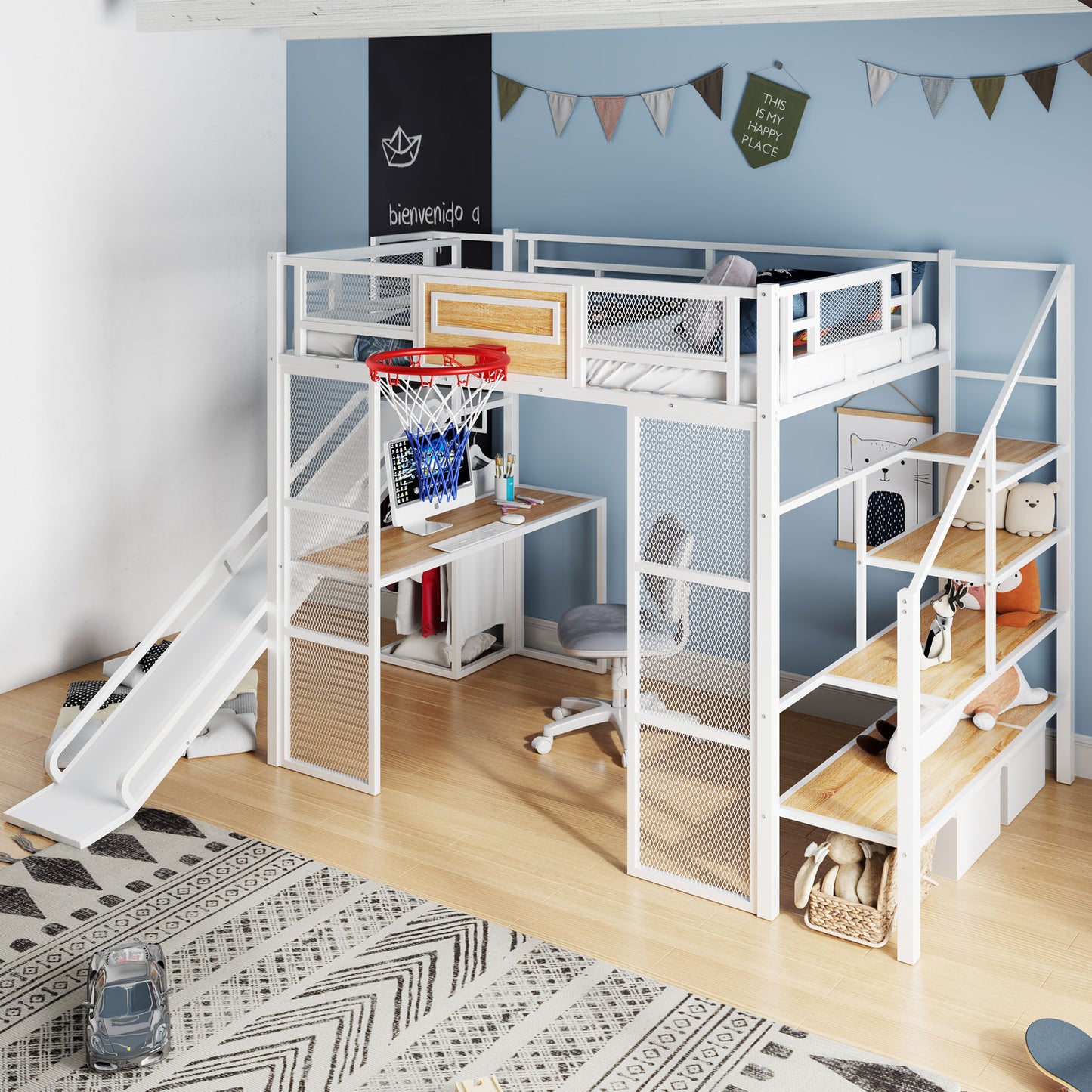 Full Size Metal Loft bed with Built-in Desk, Open Wardrobe, Basketball hoop, Slide and Staircase, White image 2