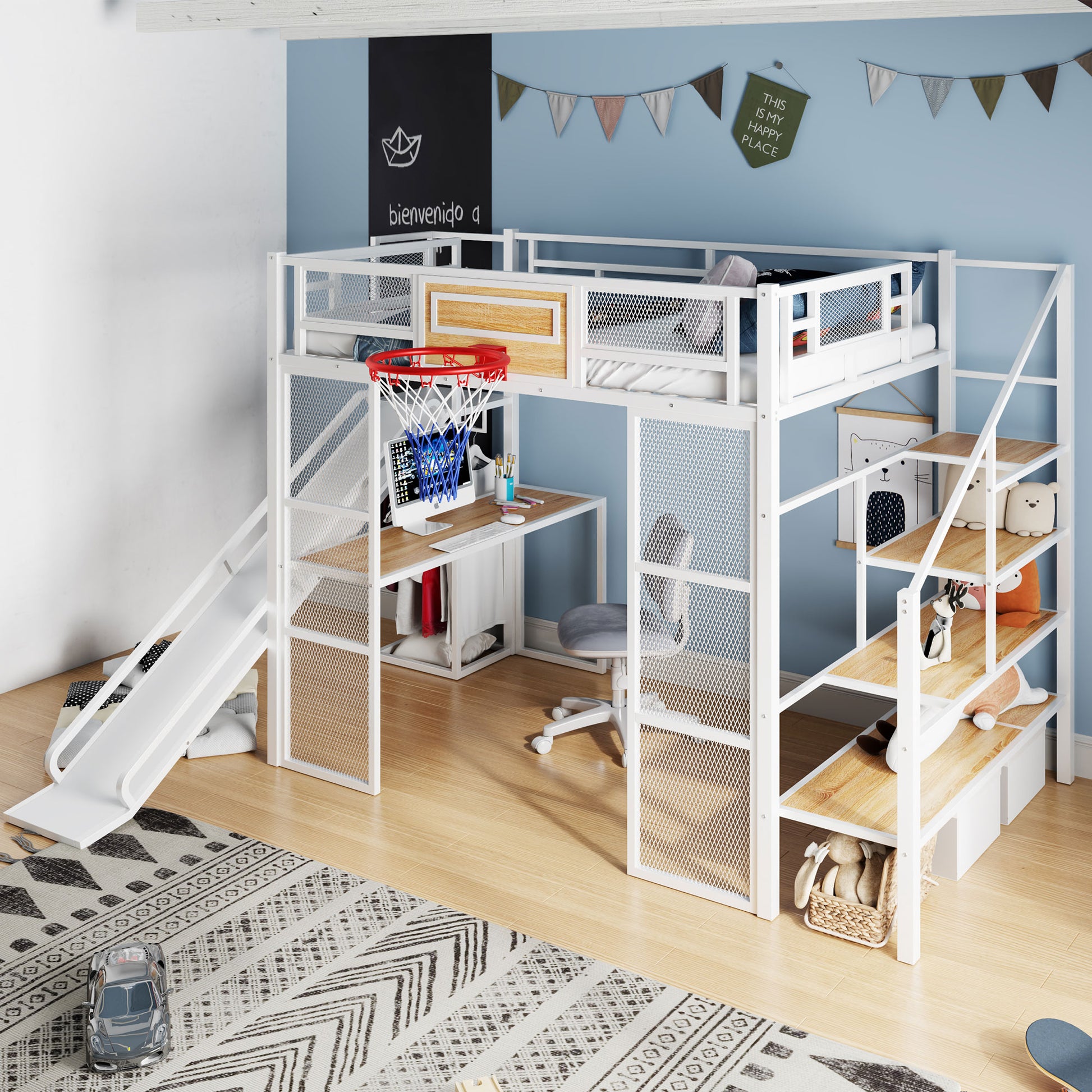 Full Size Metal Loft bed with Built-in Desk, Open Wardrobe, Basketball hoop, Slide and Staircase, White image 2
