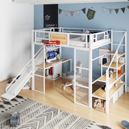 Full Size Metal Loft bed with Built-in Desk, Open Wardrobe, Basketball hoop, Slide and Staircase, White image 2