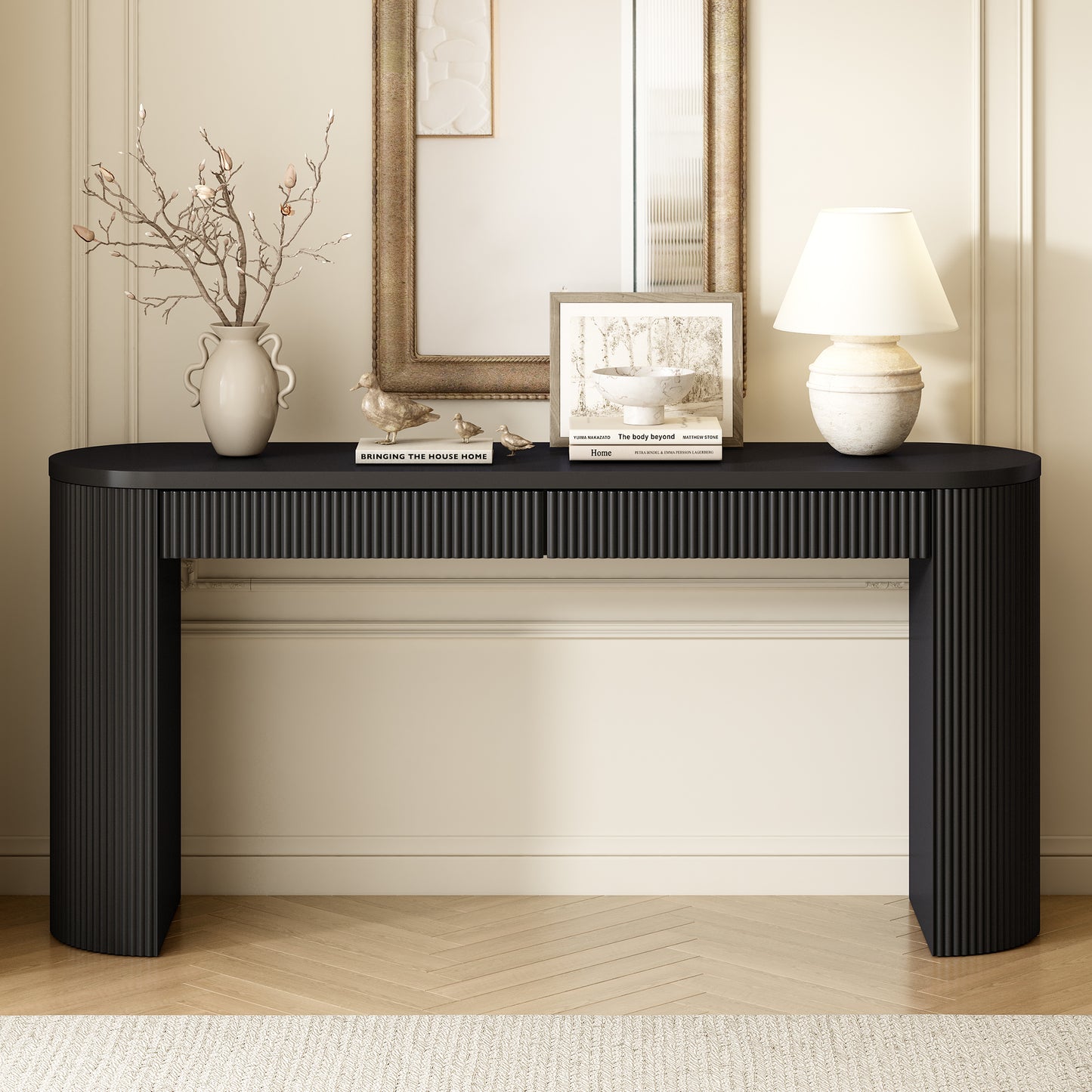 U_STYLE 58.3" Entryway Table with Large Top and Dual Drawers,Console Table with Arched Sturdy Legs Stripe Design,Pine Veneer Sofa Table with Adjustable Feet for Living Room, Hallway,Foyer, Kitchen image 1
