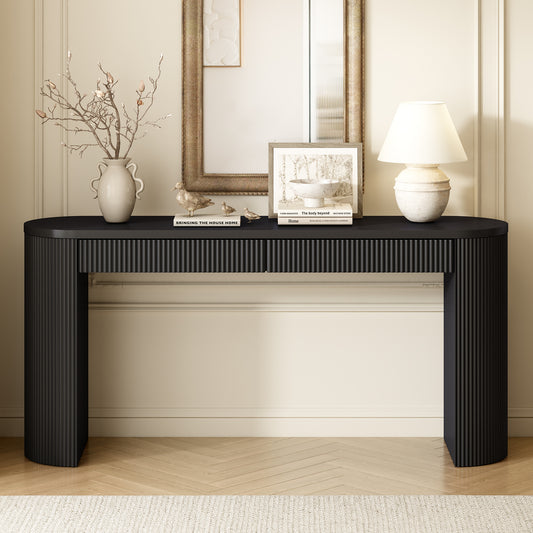 U_STYLE 58.3" Entryway Table with Large Top and Dual Drawers,Console Table with Arched Sturdy Legs Stripe Design,Pine Veneer Sofa Table with Adjustable Feet for Living Room, Hallway,Foyer, Kitchen image 1