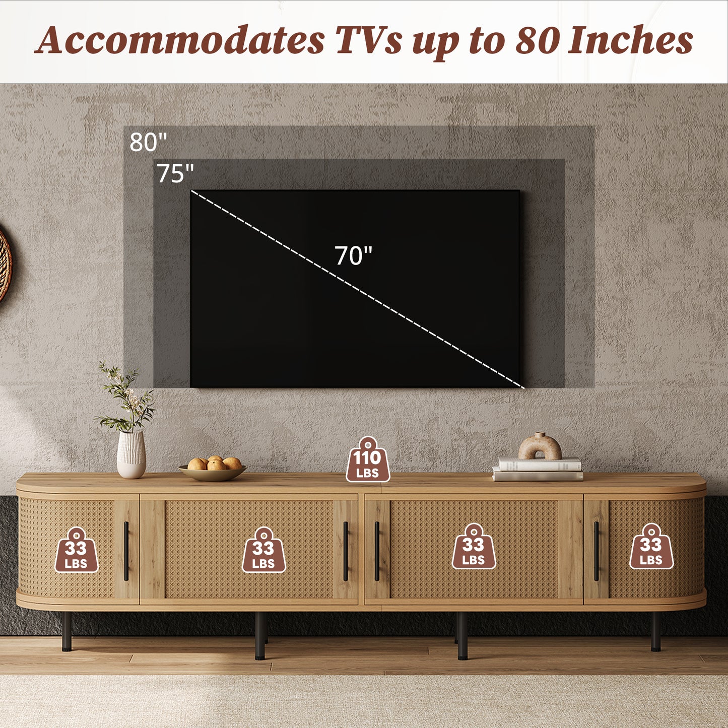 70inch Modern TV Stand with Rattan Doors for TVs up to 80", Media Console with Storage Space & Cable Holes, Entertainment Center for Living Room image 7