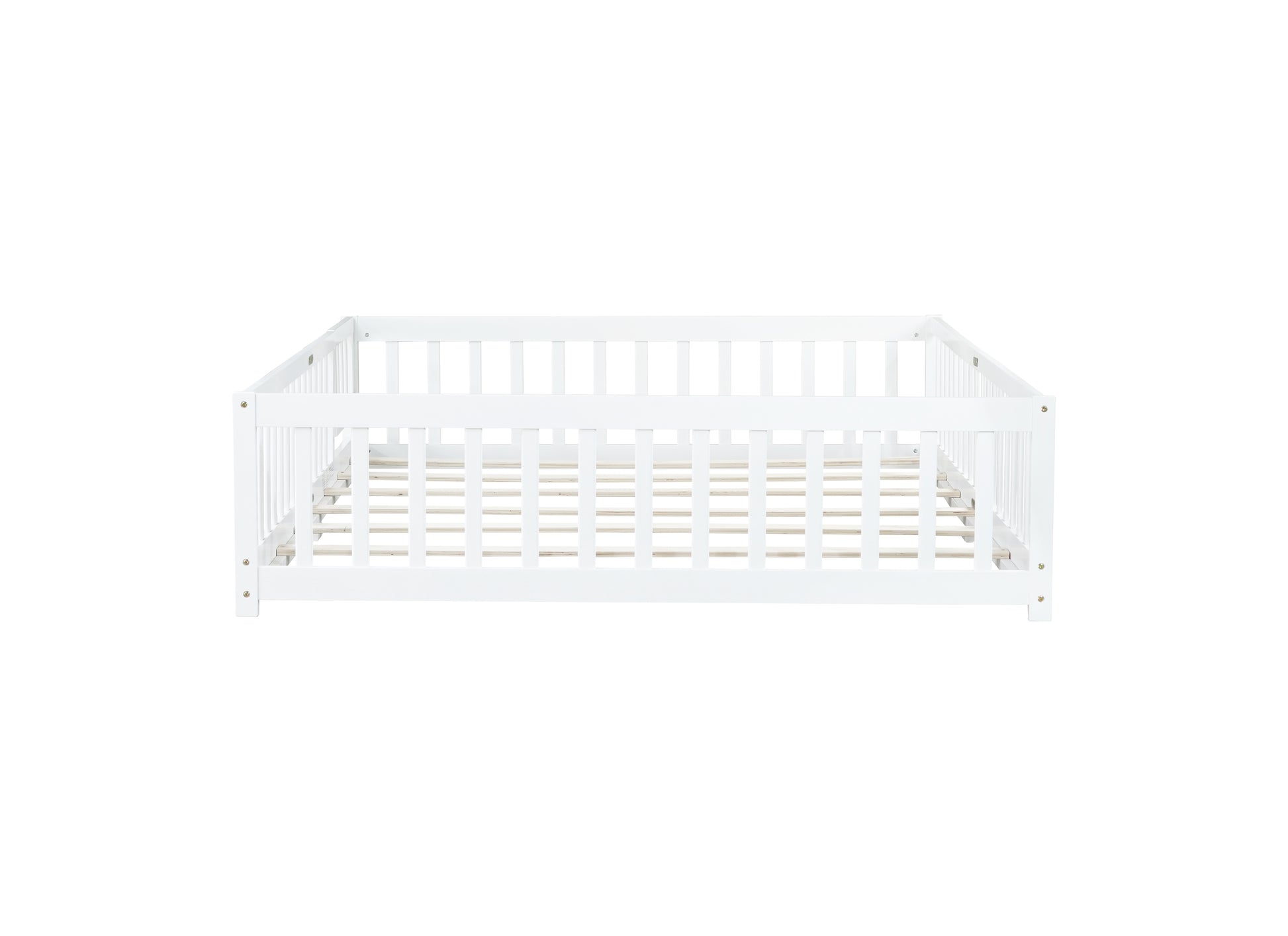 Queen Size Floor Bed with Fence,Door,Rubber Wood Floor Bed with Safety Guardrails,White image 12