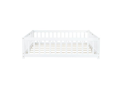 Queen Size Floor Bed with Fence,Door,Rubber Wood Floor Bed with Safety Guardrails,White image 12
