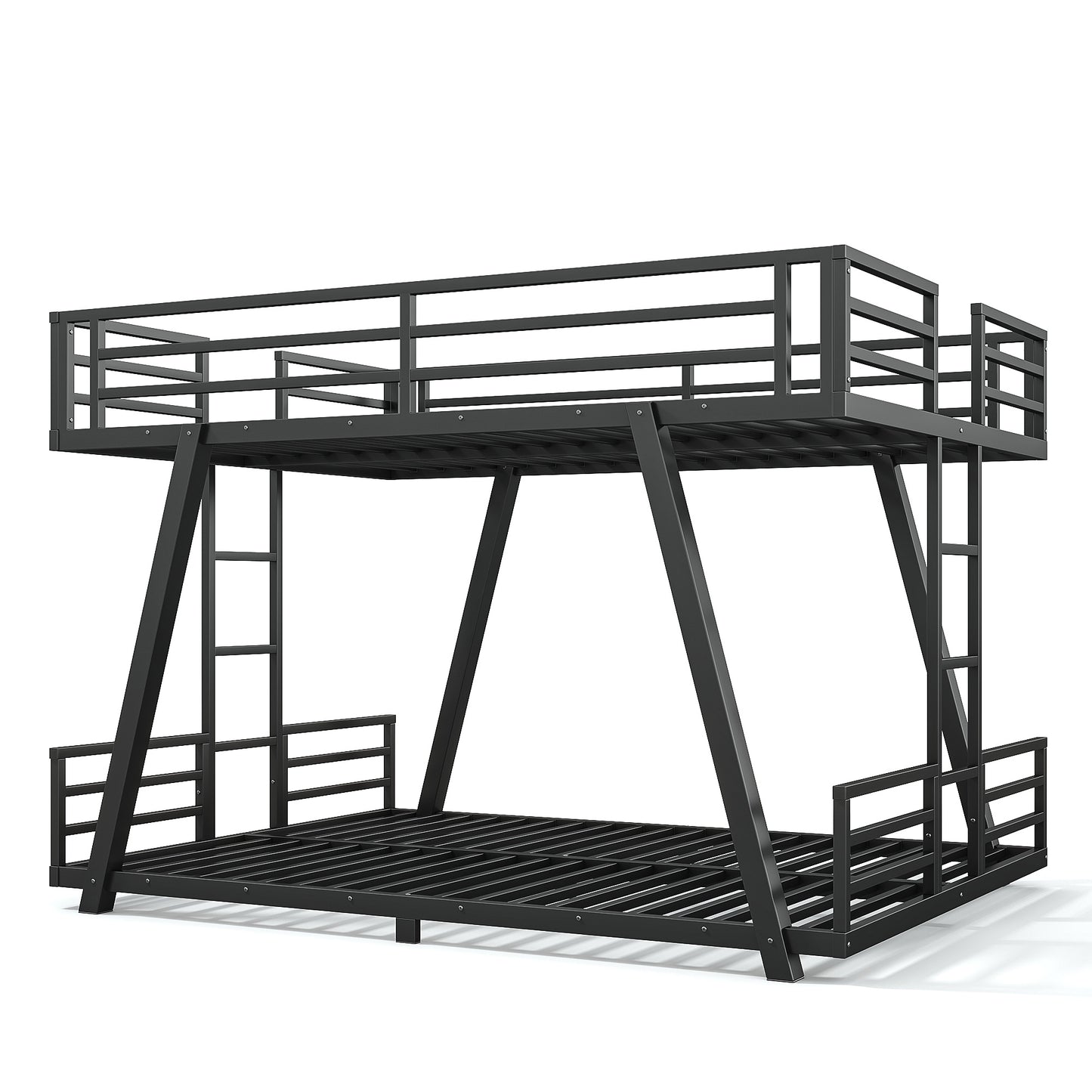 Queen over Queen Bunk Bed with 2 Side Ladders, Metal Bunk Bed with Spdcial Support Leg Design, Low Profile Bunk Bed, Black image 9