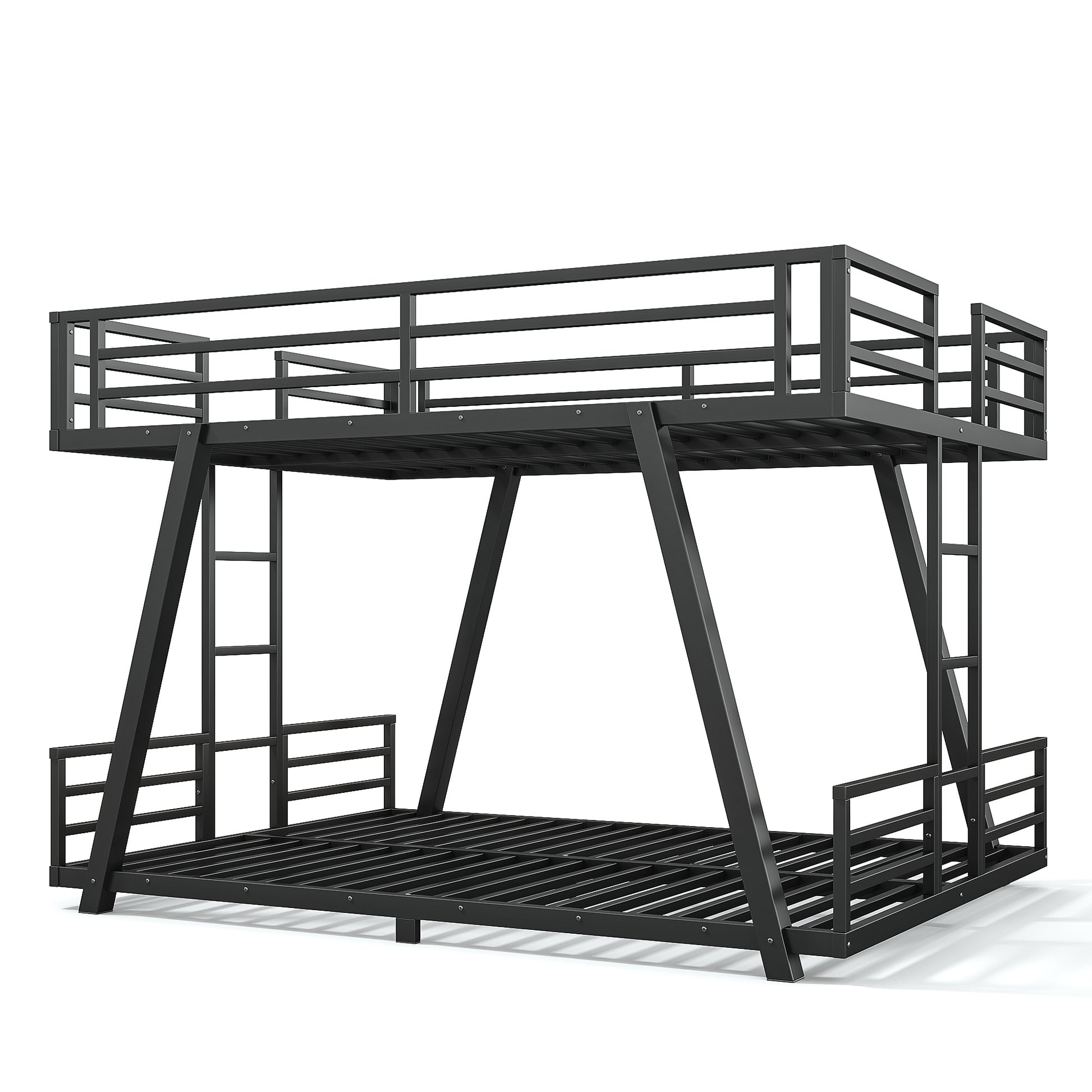 Queen over Queen Bunk Bed with 2 Side Ladders, Metal Bunk Bed with Spdcial Support Leg Design, Low Profile Bunk Bed, Black image 9