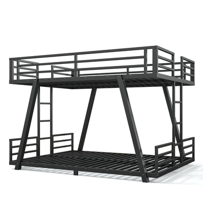 Queen over Queen Bunk Bed with 2 Side Ladders, Metal Bunk Bed with Spdcial Support Leg Design, Low Profile Bunk Bed, Black image 9